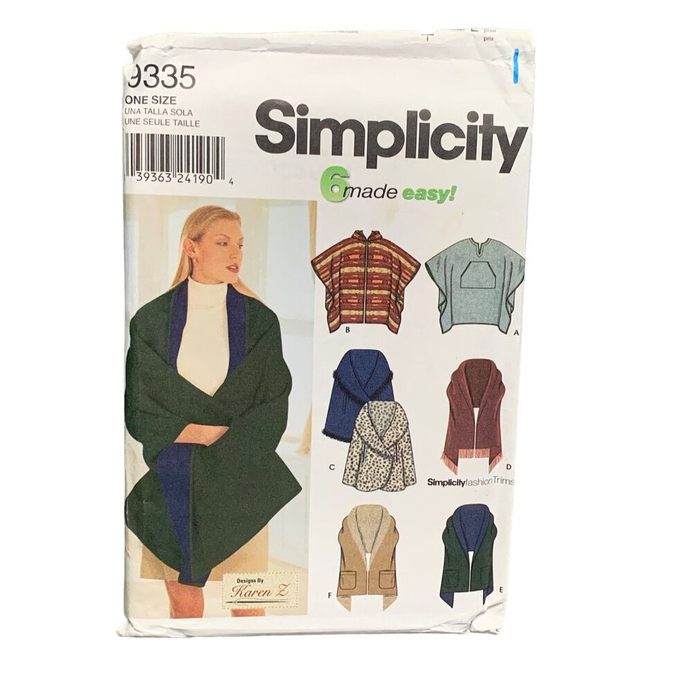 Simplicity 9335 Sewing Pattern for Womens Shawl Jackets One Size uncut